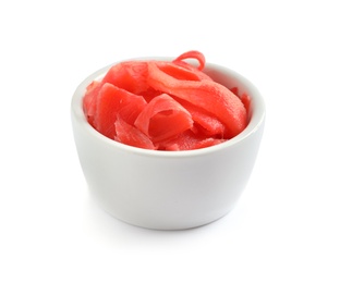 Photo of Piquant pickled ginger in bowl on white background.  Delicious sauce condiment