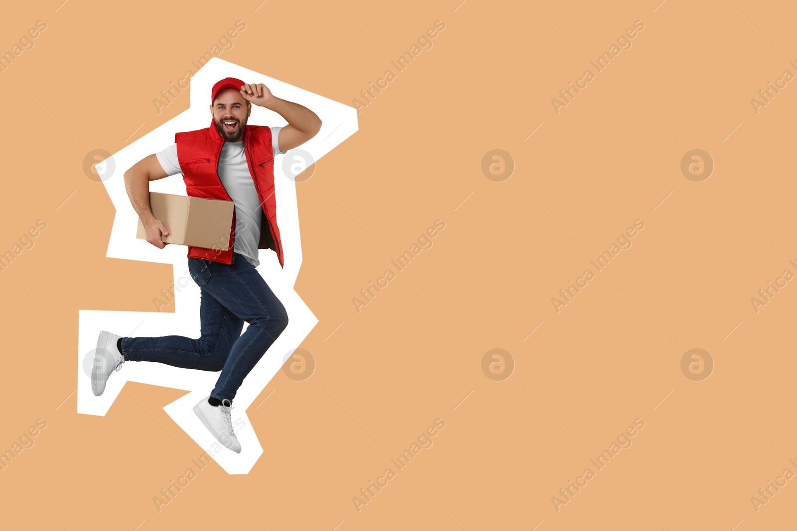 Image of Happy courier with parcel jumping on light brown background, space for text