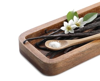 Photo of Vanilla pods, green leaves, spoon with sugar and flowers isolated on white