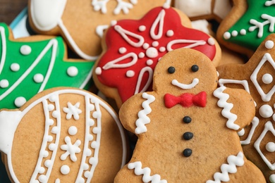 Photo of Tasty homemade Christmas cookies as background, closeup view