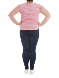 Overweight woman on white background, closeup. Weight loss