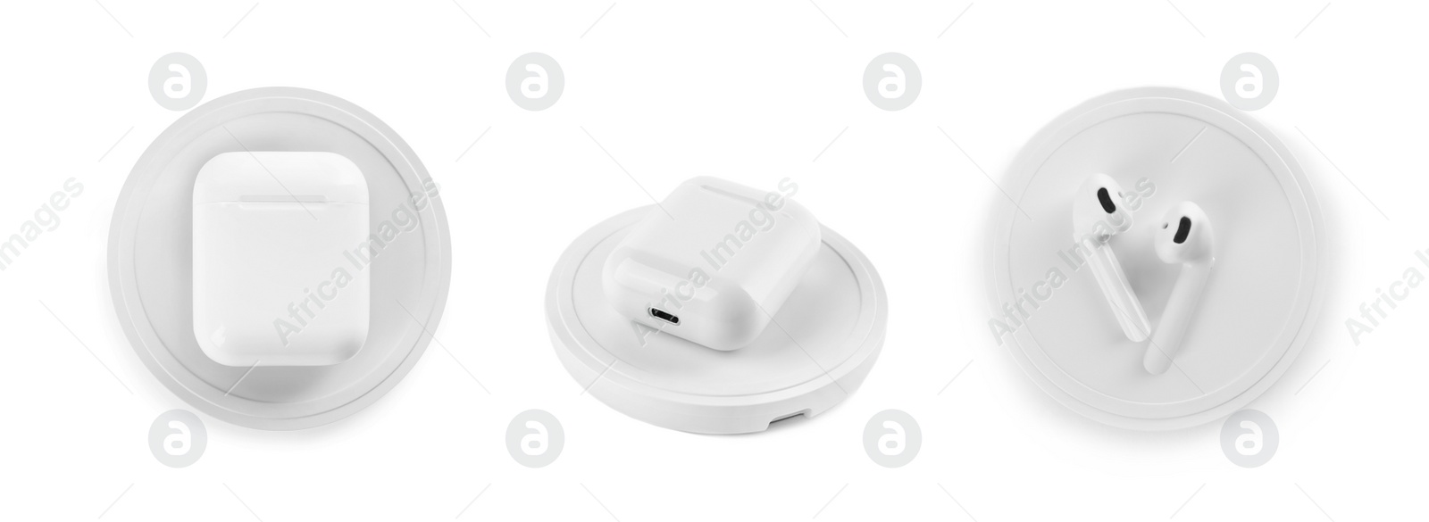 Image of Collage with wireless chargers and earphones on white background