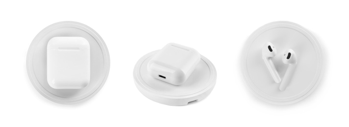 Image of Collage with wireless chargers and earphones on white background