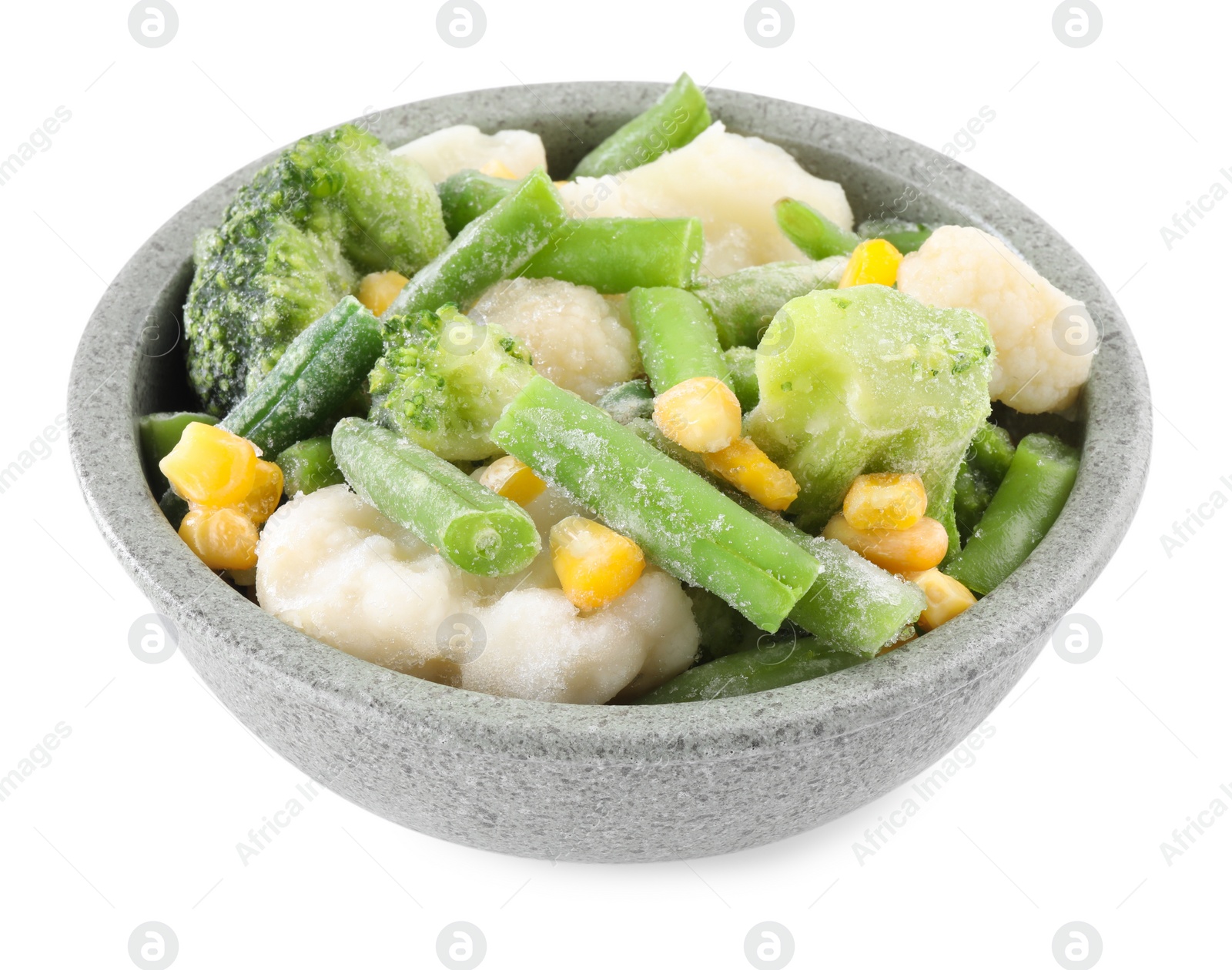 Photo of Mix of different frozen vegetables in bowl isolated on white