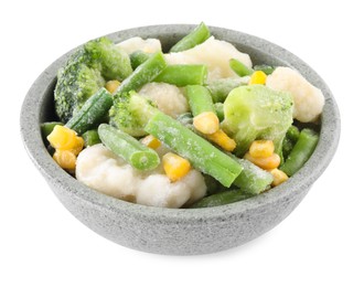 Mix of different frozen vegetables in bowl isolated on white