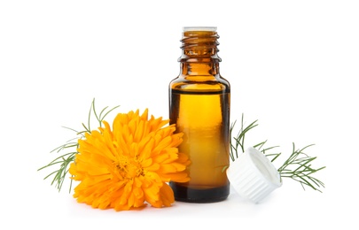 Bottle of essential oil and flower on white background