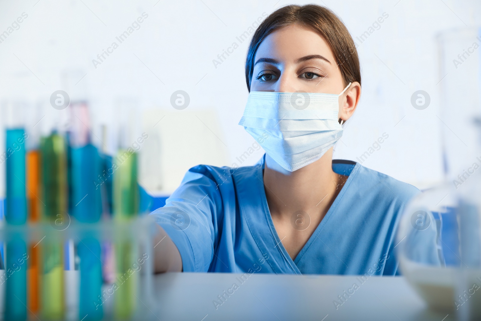 Photo of Scientist taking test tube from rack indoors. Laboratory analysis