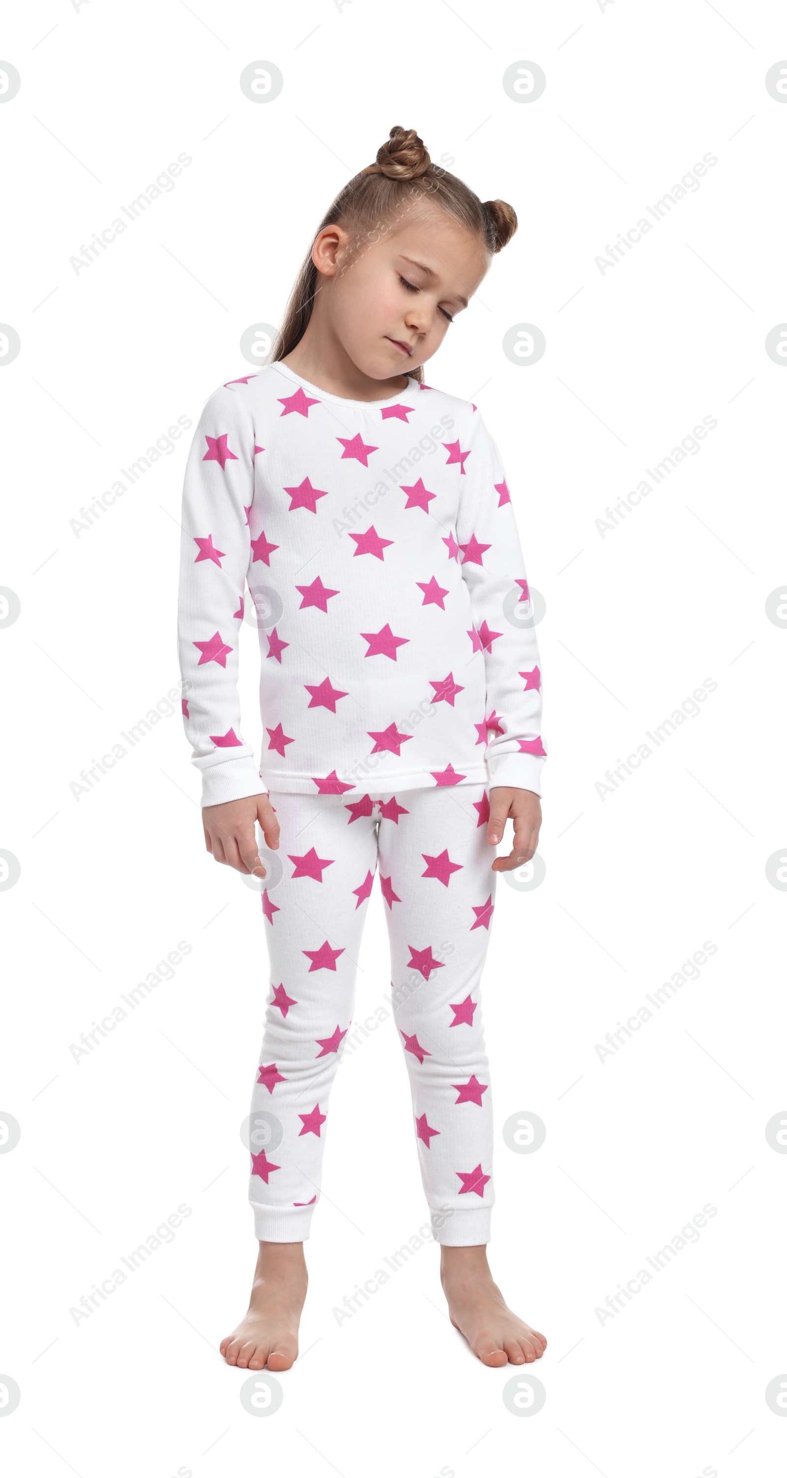 Photo of Girl in pajamas sleepwalking on white background