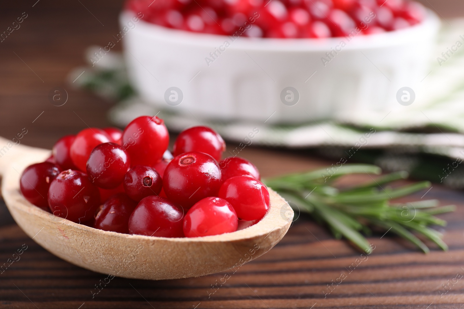 Photo of Fresh ripe cranberries on wooden table, closeup