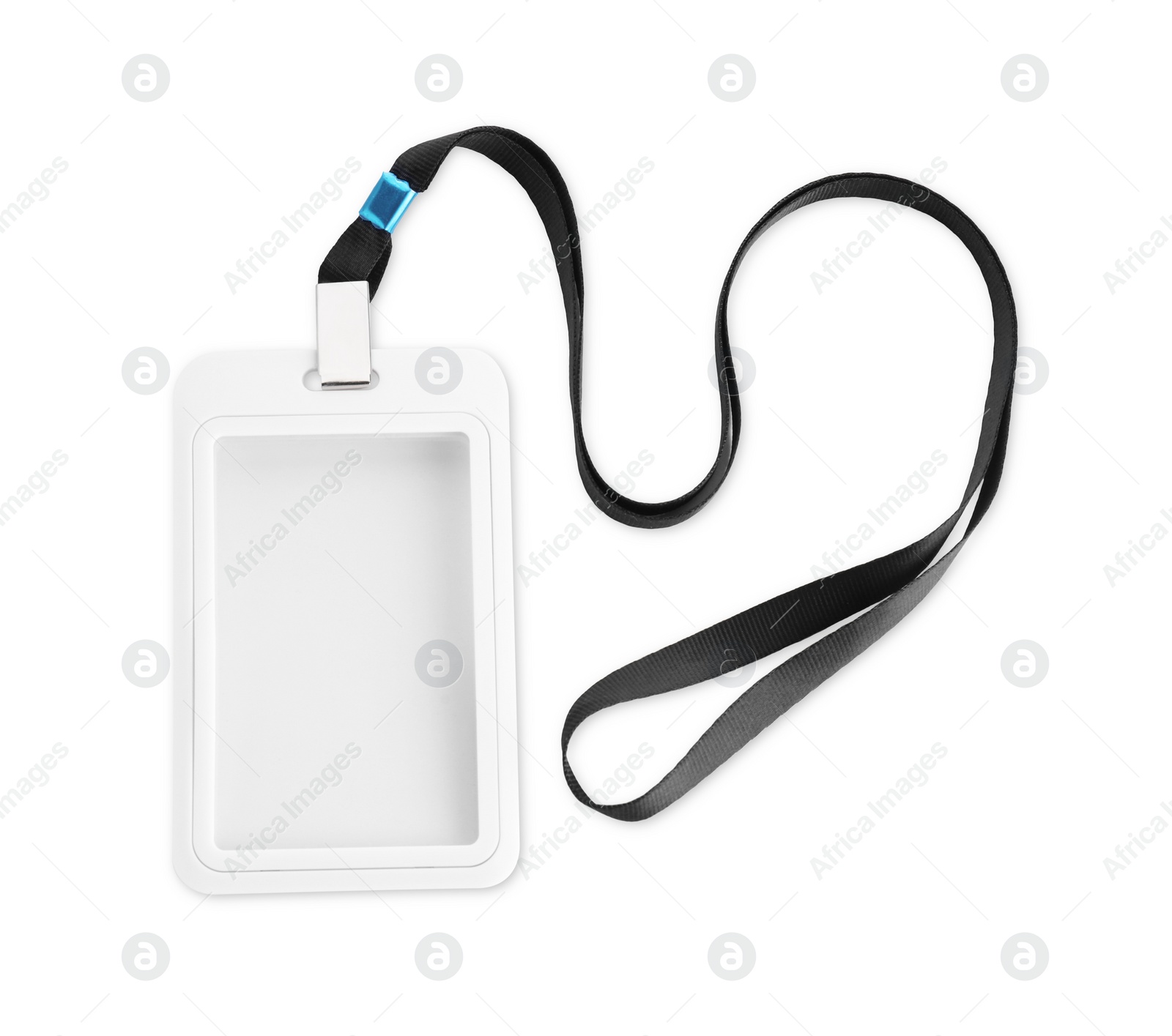 Photo of Blank badge with black string isolated on white, top view