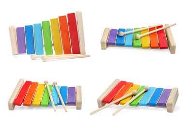 Image of Bright colorful rainbow xylophone isolated on white, different angles. Collage design with children's toy