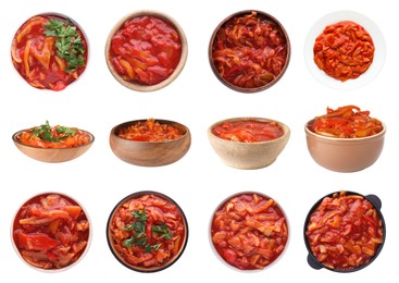 Image of Collage of lecho in dishware on white background, top and side views