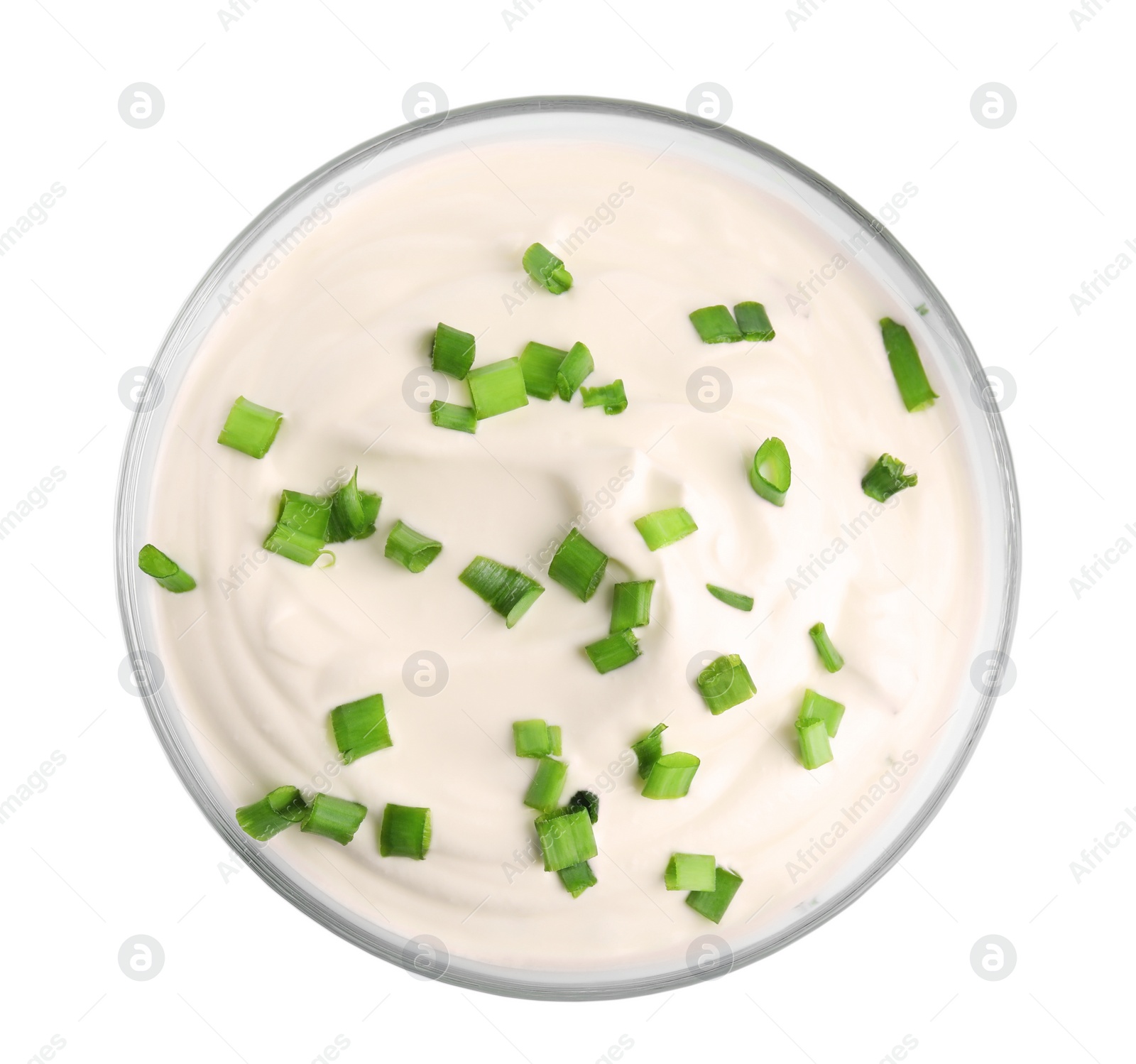 Photo of Fresh sour cream with onion on white background, top view