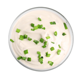 Fresh sour cream with onion on white background, top view