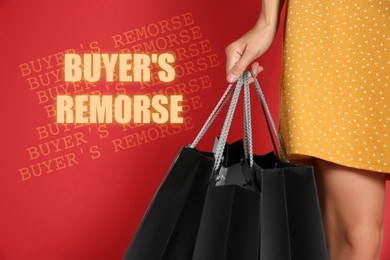 Text Buyer's Remorse and woman with shopping bags on red background