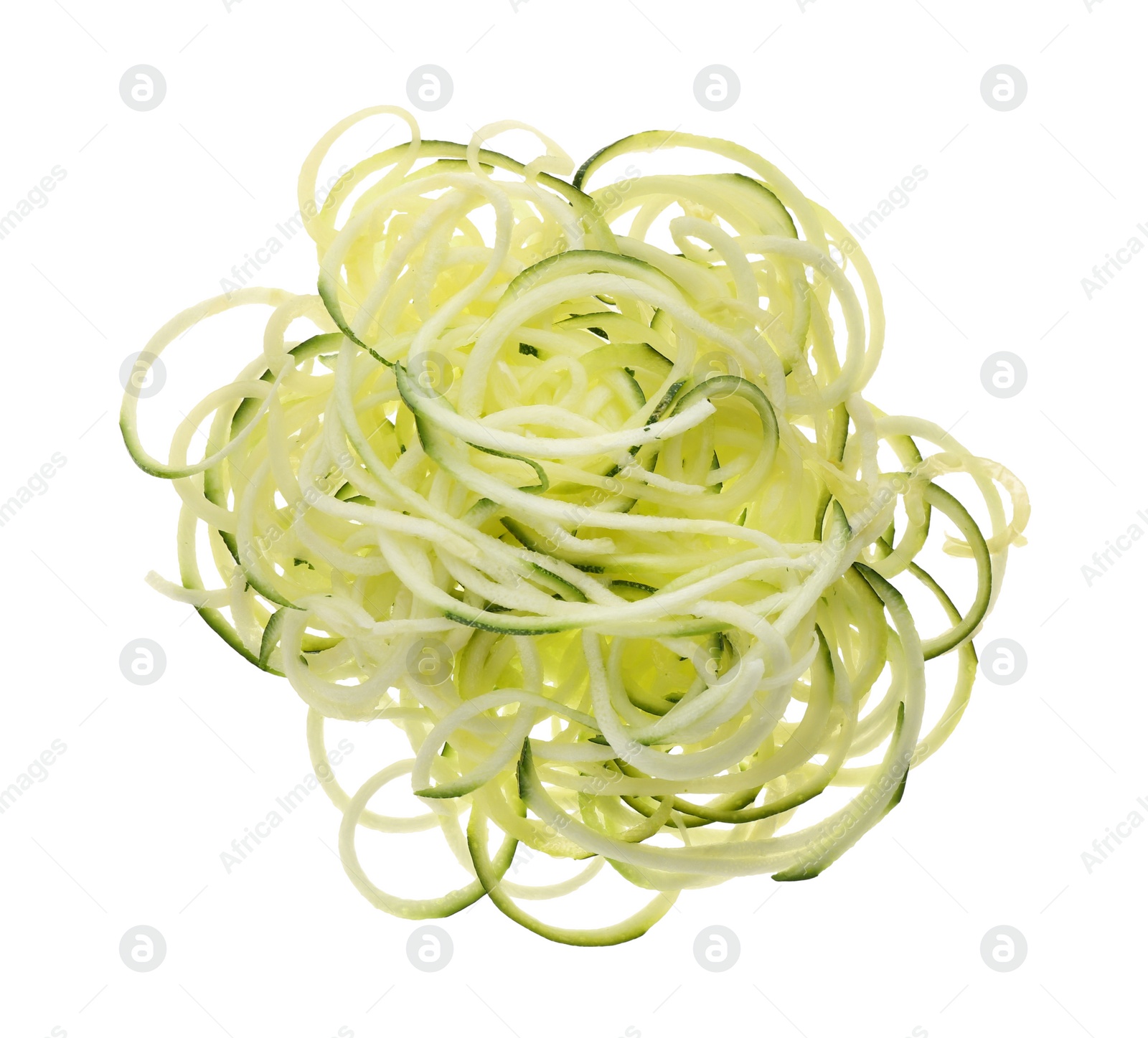 Photo of Delicious fresh zucchini pasta on white background, top view