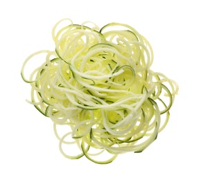 Photo of Delicious fresh zucchini pasta on white background, top view