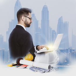 Multiple exposure of architect working with laptop and buildings