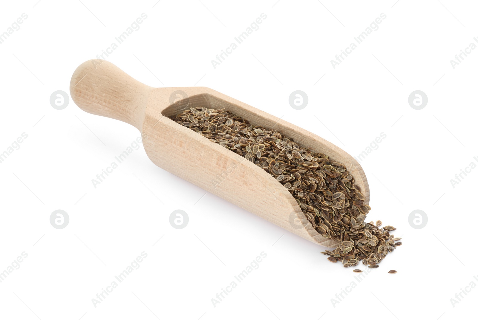 Photo of Scoop with dry dill seeds isolated on white