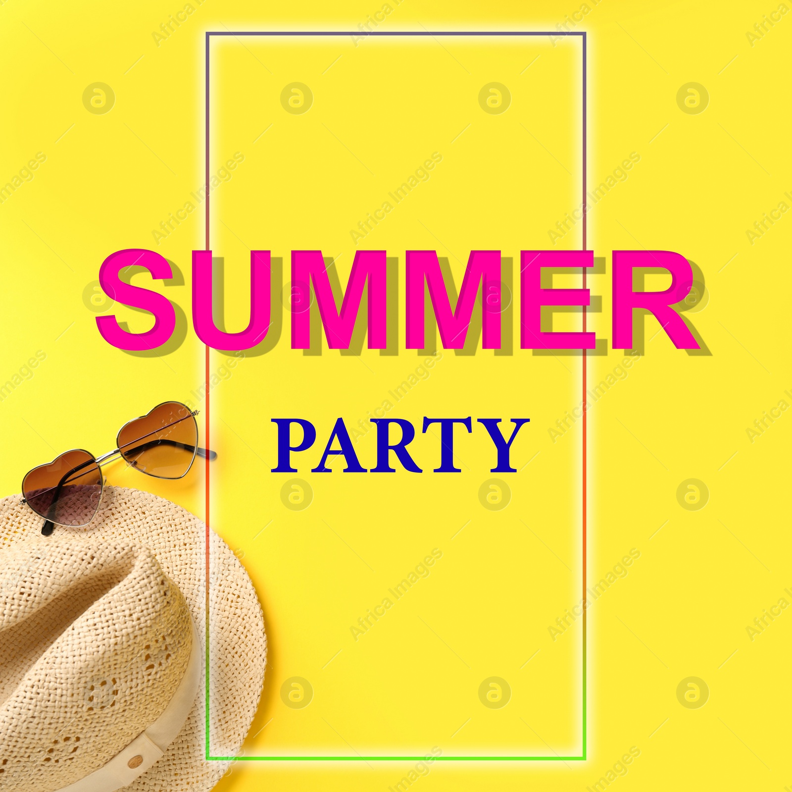 Image of Hat and sunglasses on yellow background, flat lay. Summer Party