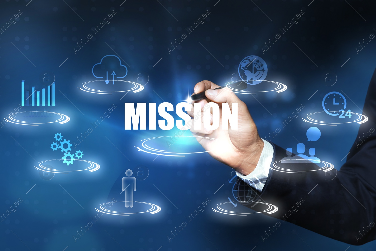 Image of Mission and business concept. Man using virtual screen, closeup