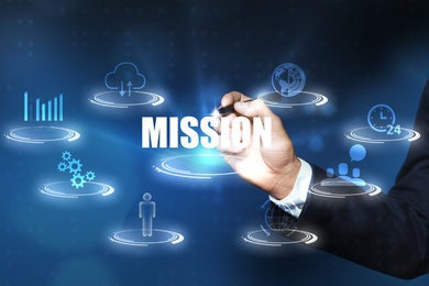 Mission and business concept. Man using virtual screen, closeup