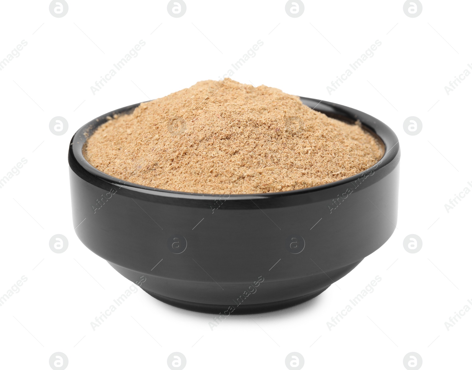 Photo of Dietary fiber. Psyllium husk powder in bowl isolated on white