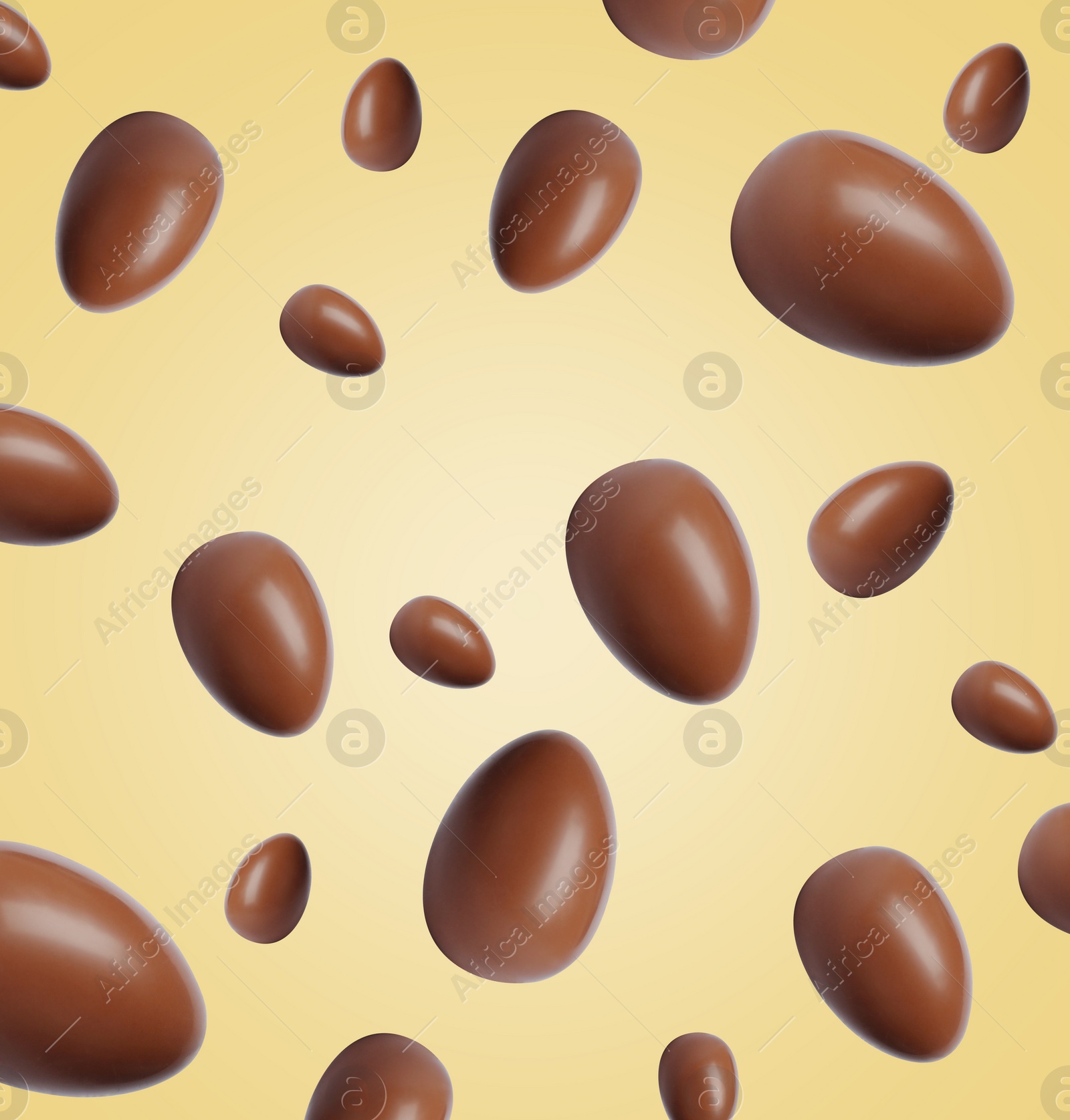 Image of Many chocolate eggs falling on pale light yellow background