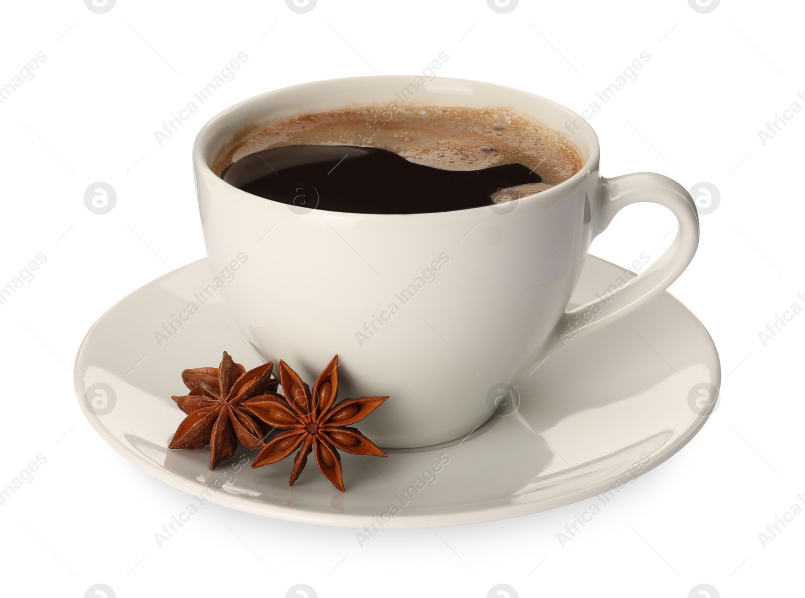 Photo of Cup of aromatic coffee with anise stars on white background