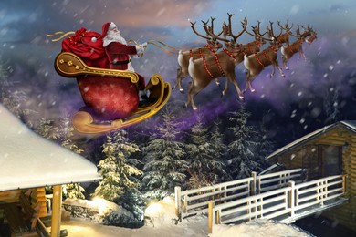 Image of Magic Christmas eve. Santa with reindeers flying in sky