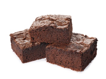 Photo of Pieces of fresh brownie on white background. Delicious chocolate pie