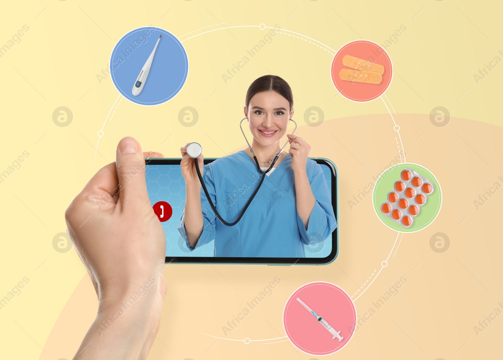 Image of Online medicine. Closeup view of woman having appointment with doctor via smartphone on color background