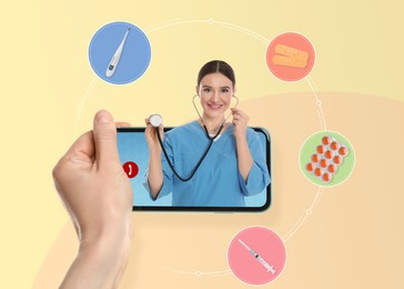 Image of Online medicine. Closeup view of woman having appointment with doctor via smartphone on color background