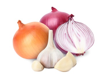 Different onions, garlic bulb and cloves on white background