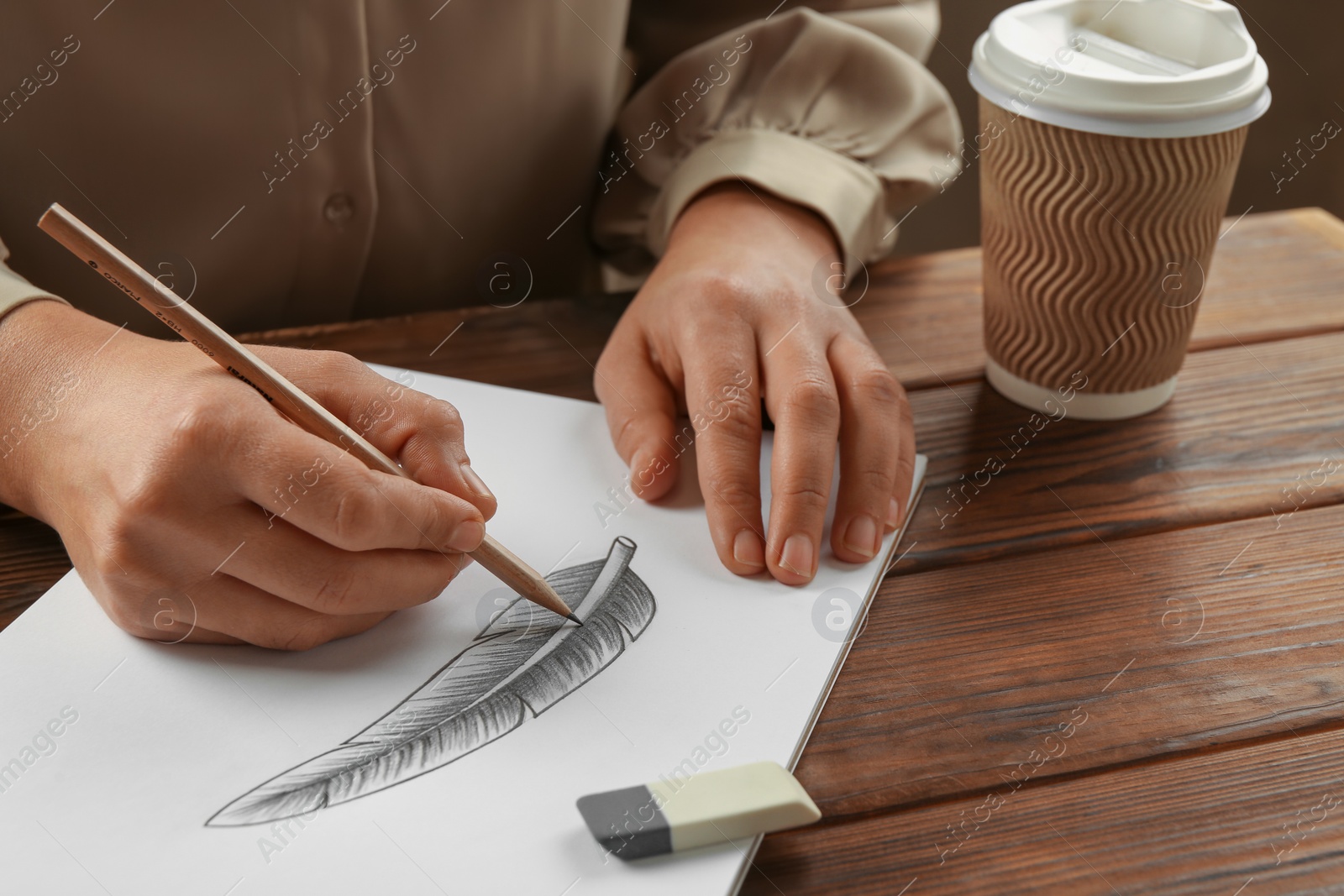 Photo of Woman drawing feather with graphite pencil in sketchbook at wooden table, closeup