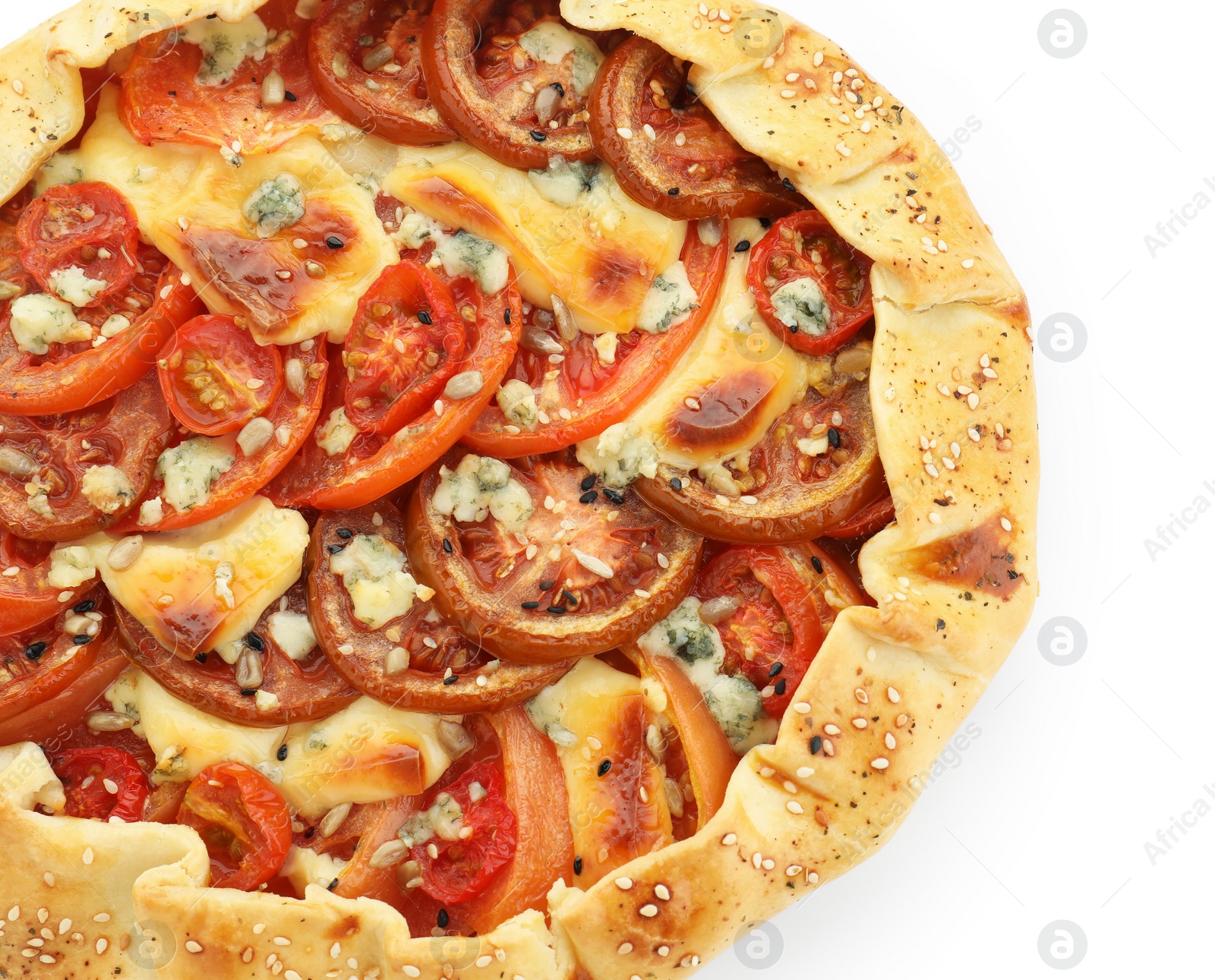 Photo of Tasty galette with tomato and cheese (Caprese galette) isolated on white, top view