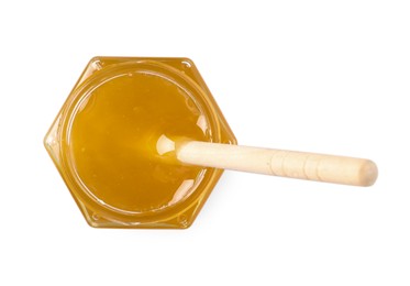 Tasty honey and dipper in glass jar isolated on white, top view