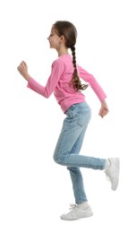 Cute little girl running on white background