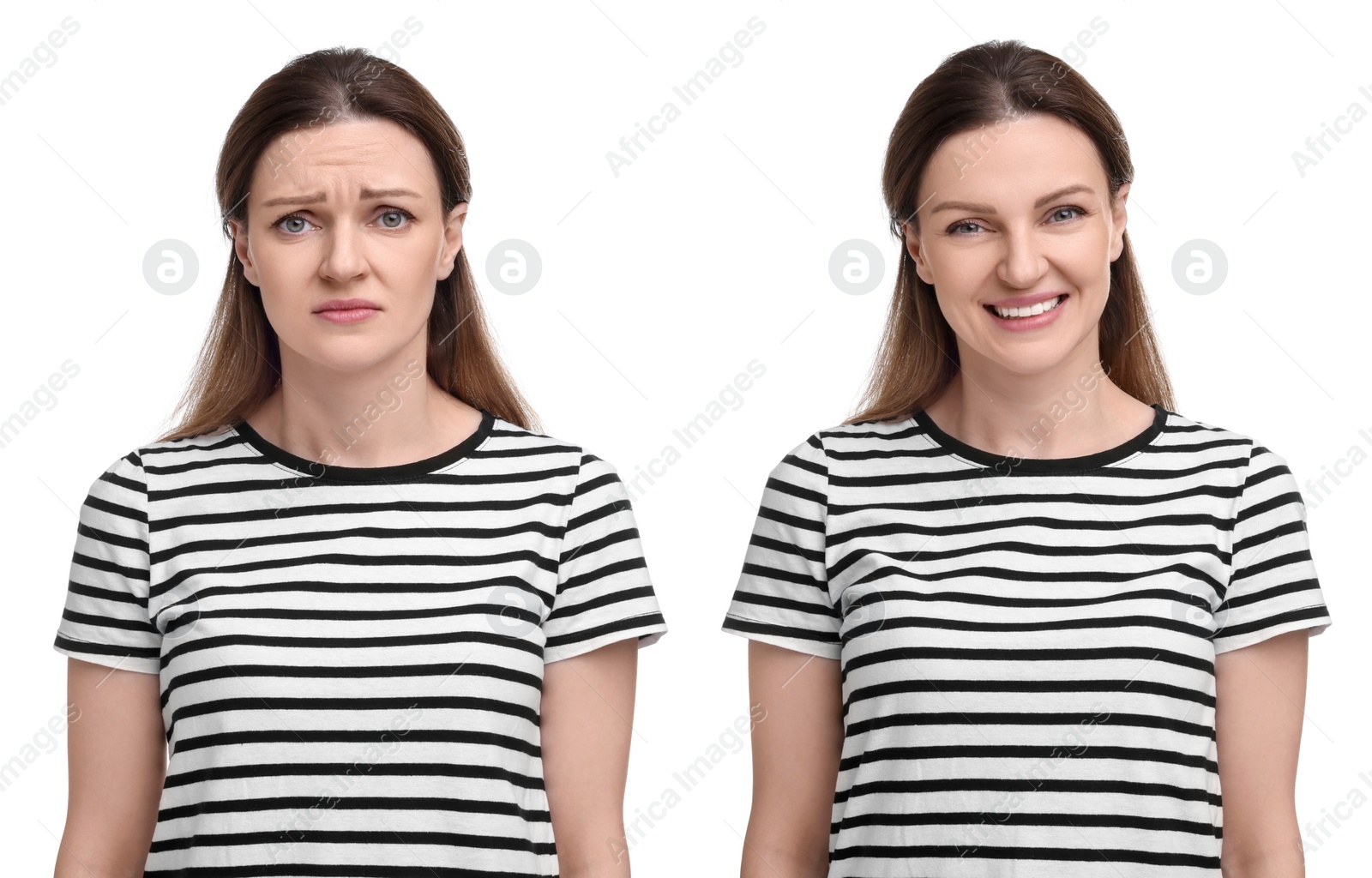 Image of Woman showing different emotions on white background, collage