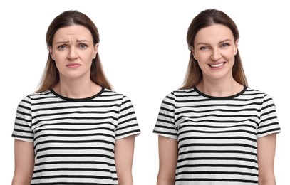 Woman showing different emotions on white background, collage