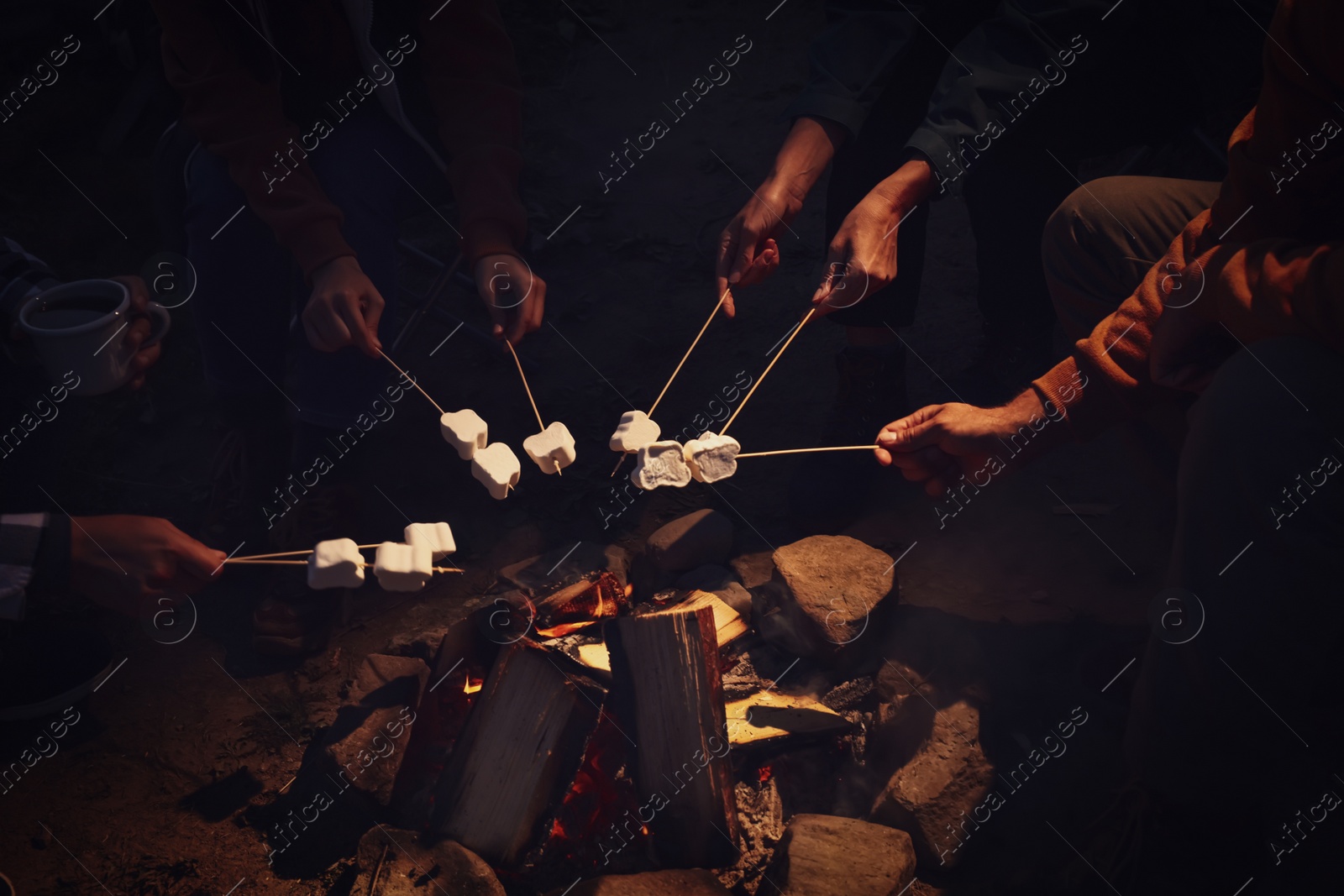 Photo of People roasting delicious marshmallows over bonfire outdoors at night, closeup. Camping season