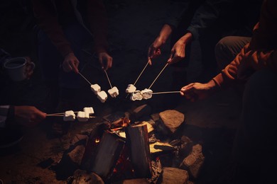 Photo of People roasting delicious marshmallows over bonfire outdoors at night, closeup. Camping season