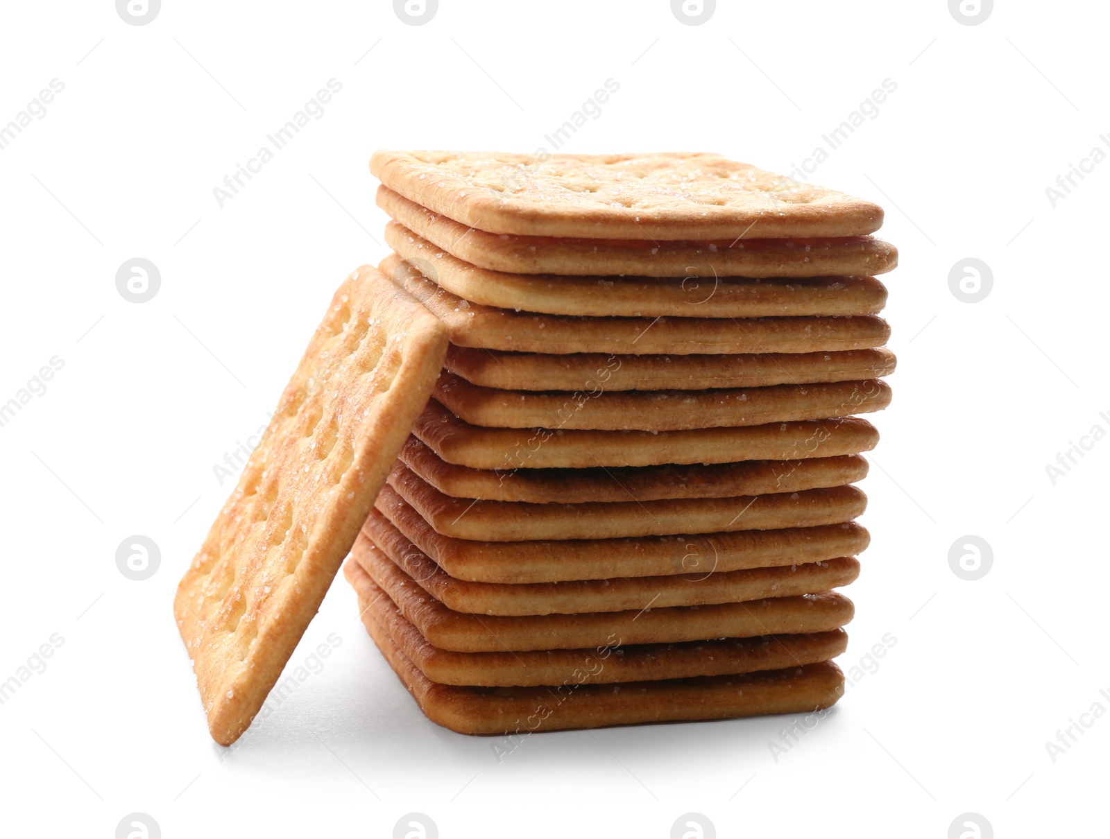 Photo of Stack of delicious crispy crackers isolated on white