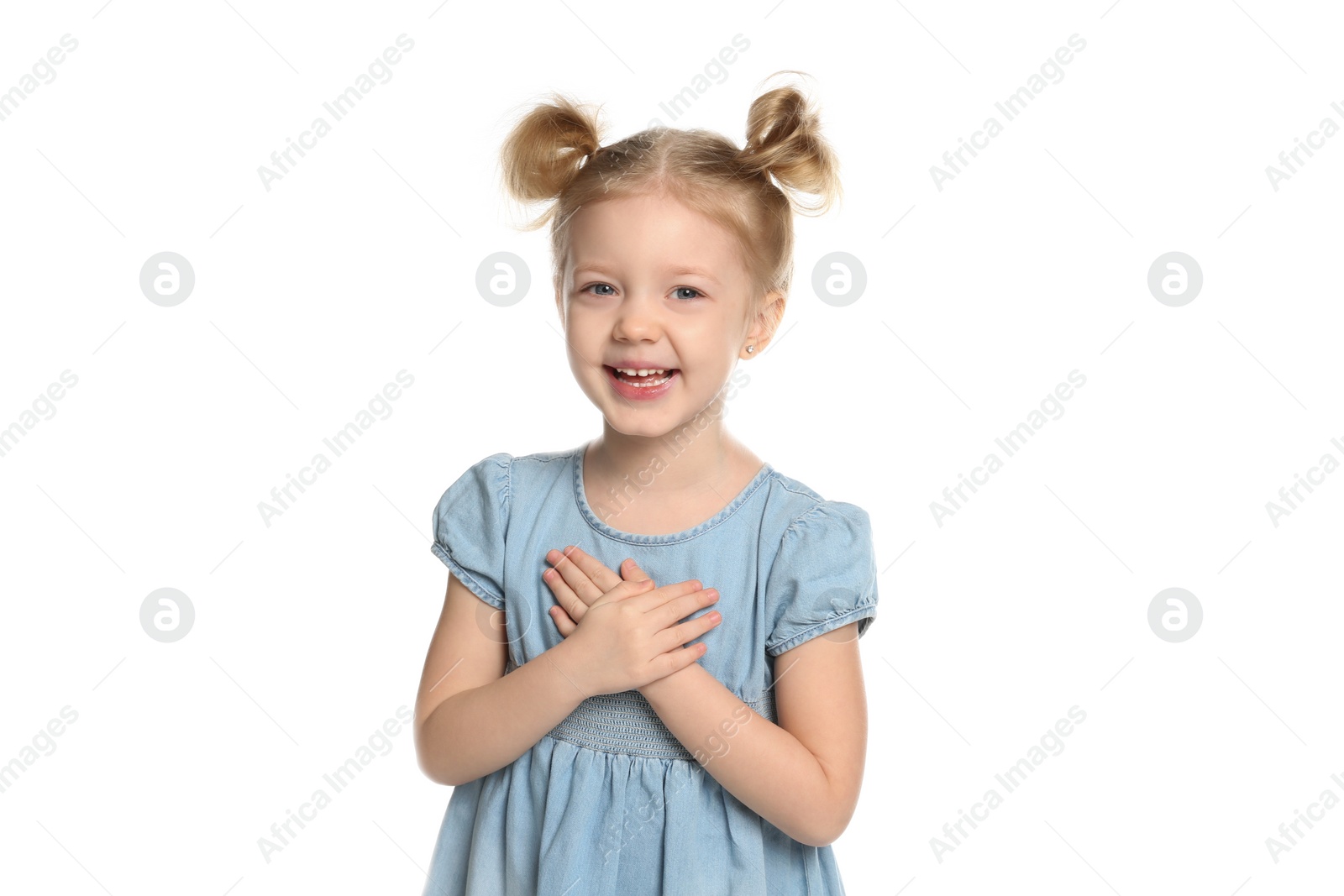 Photo of Portrait of cute little girl on white background