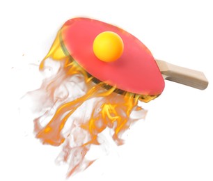 Image of Ping pong racket and ball in fire on white background