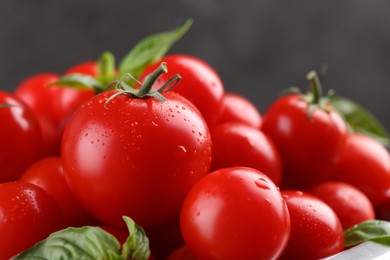 Photo of Fresh ripe tomatoes with water drops against blurred background, closeup