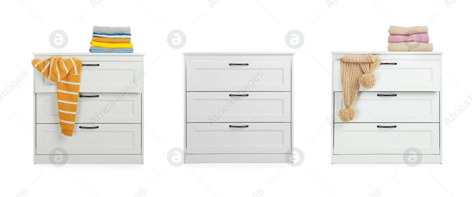 Image of Collage with chests of drawers on white background. Banner design