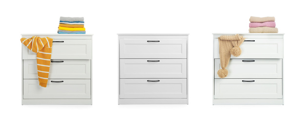 Image of Collage with chests of drawers on white background. Banner design