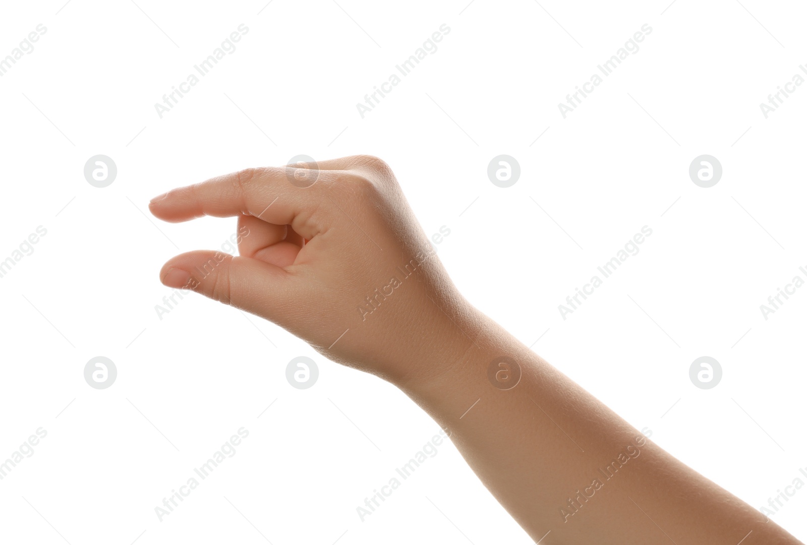 Photo of Little child against white background, closeup on hand