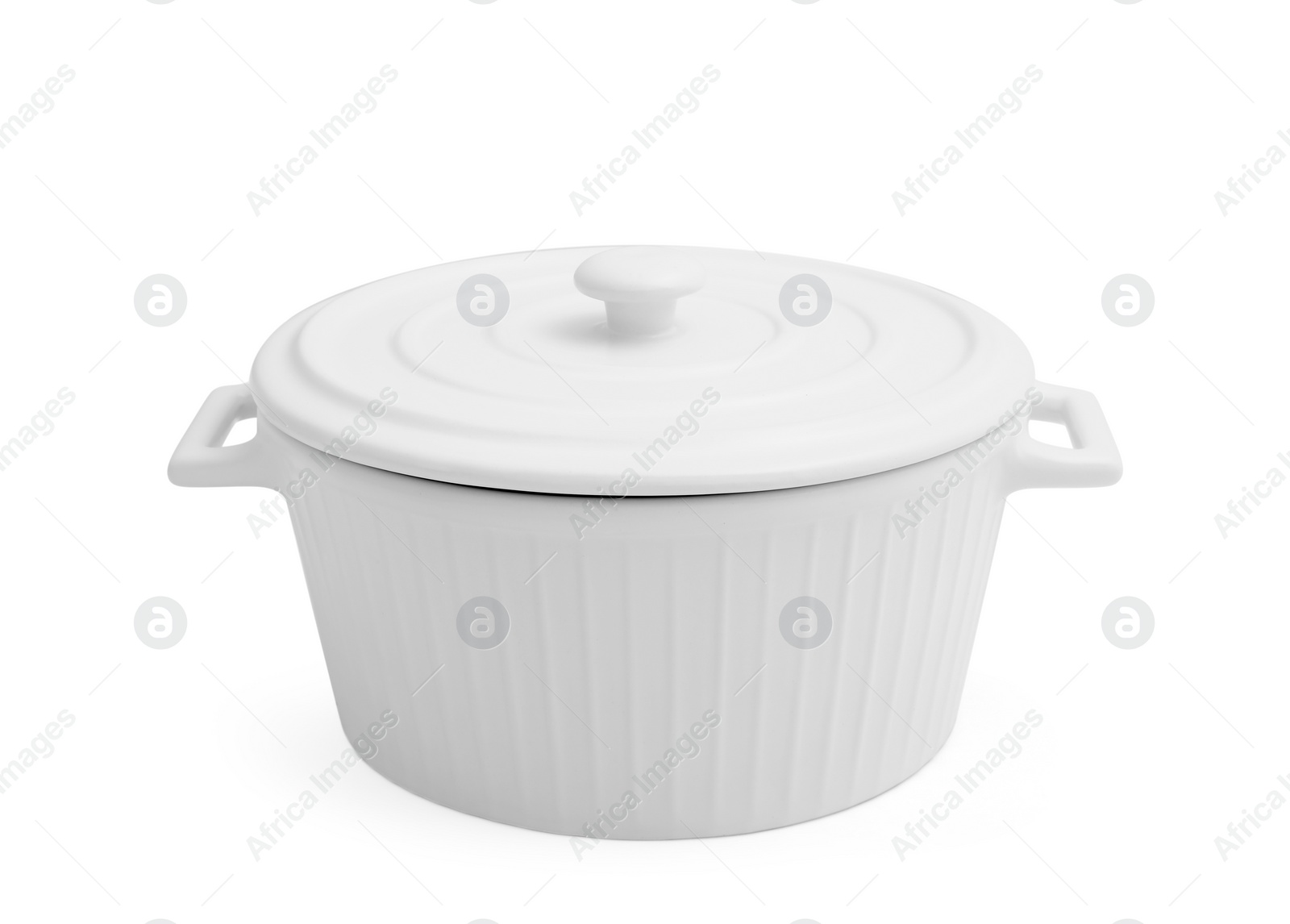 Photo of One ceramic pot with lid isolated on white